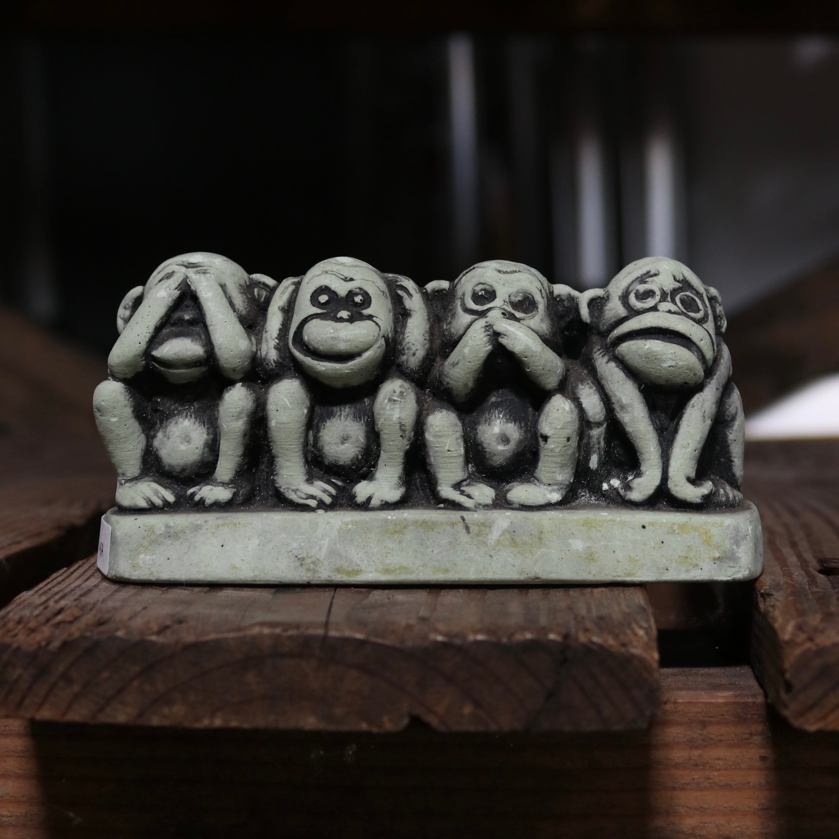 1968, Four Wise Monkeys Chalkware Figurine, H5.3cm, USA
