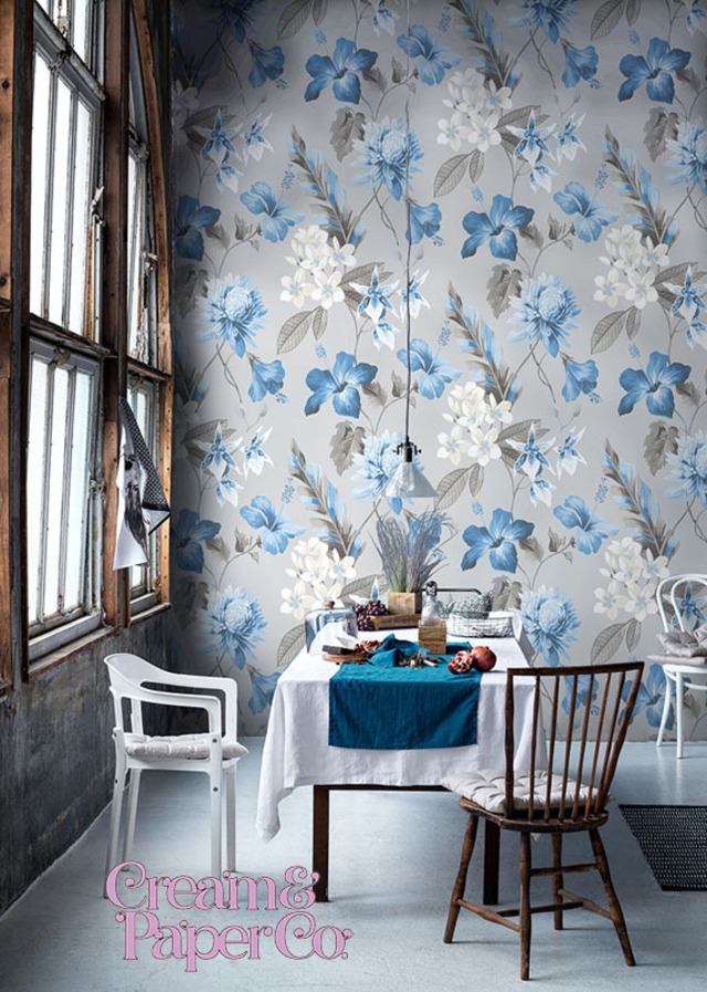 【切り売り】アッシュグレー × ブルー Tropical flower FL1-778002MT for DIY 53㎝×10m リピート53㎝