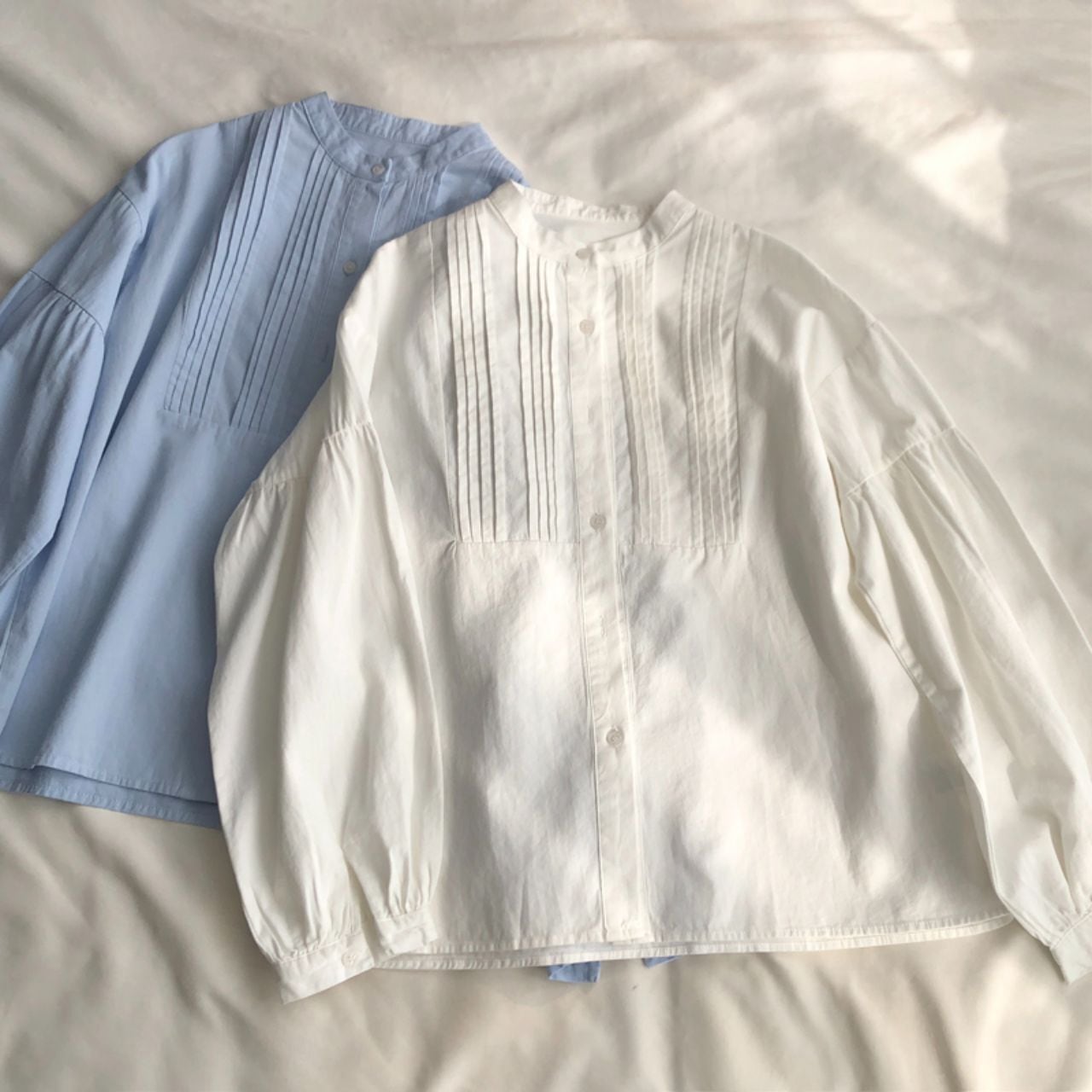 プリーツ 長袖 バンドカラーブラウス Ln00424