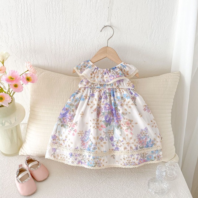 【BABY】ラベンダー小花柄フリルノースリーブワンピース - 5