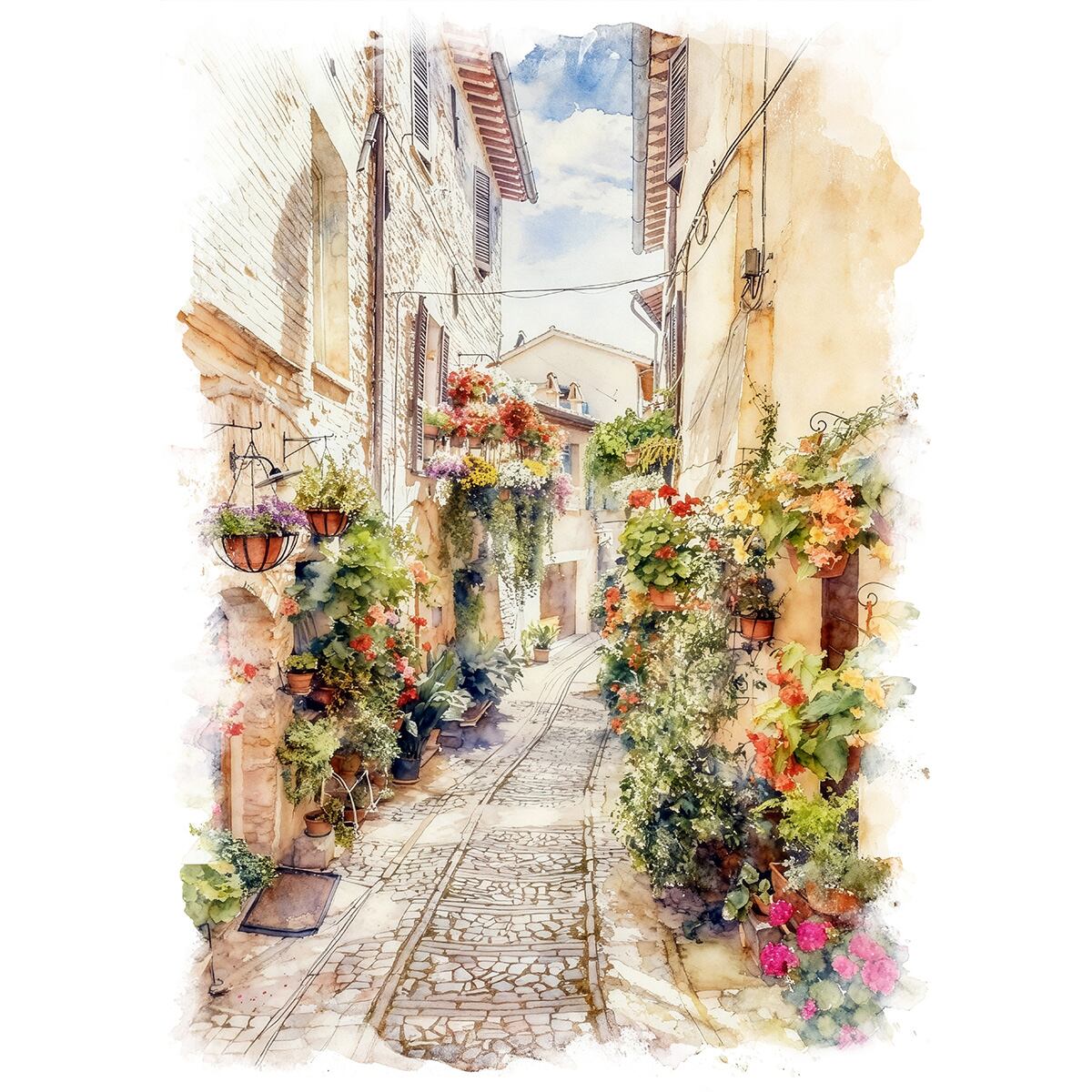 絵画 街の風景画 イタリア スペッロ村の通りと花 インテリアアート額付き 水彩画・油絵風 WAT0024