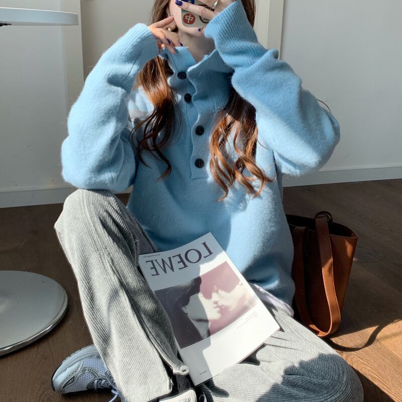 ボタンセーター ソリッド カラープルオーバー ニットトップス レディース ソリッドカラー ビッグFスモールZ韓国26309741247