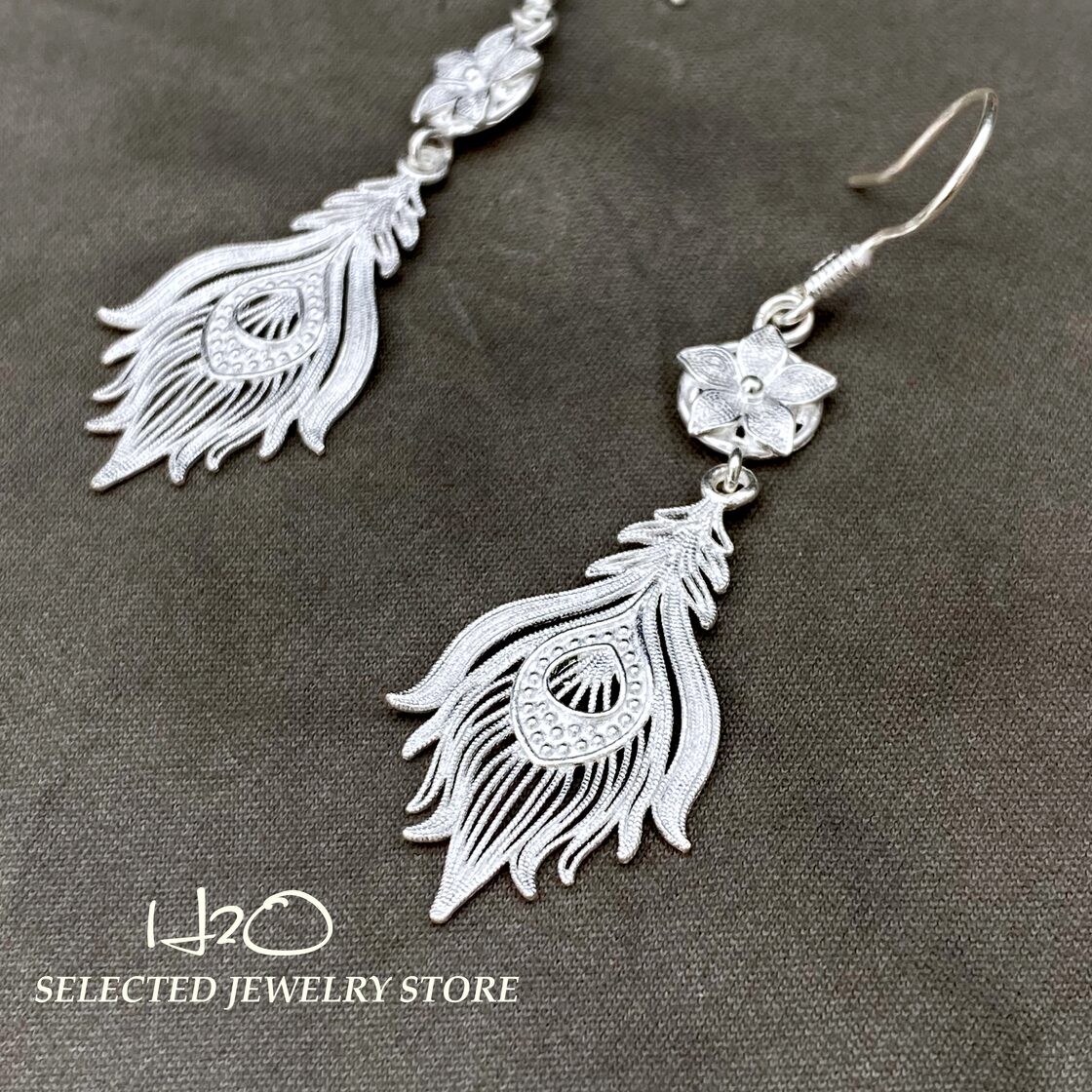 100% S925 Silver クジャクの羽 手作りピアス 少数民族(苗族)伝統民芸 