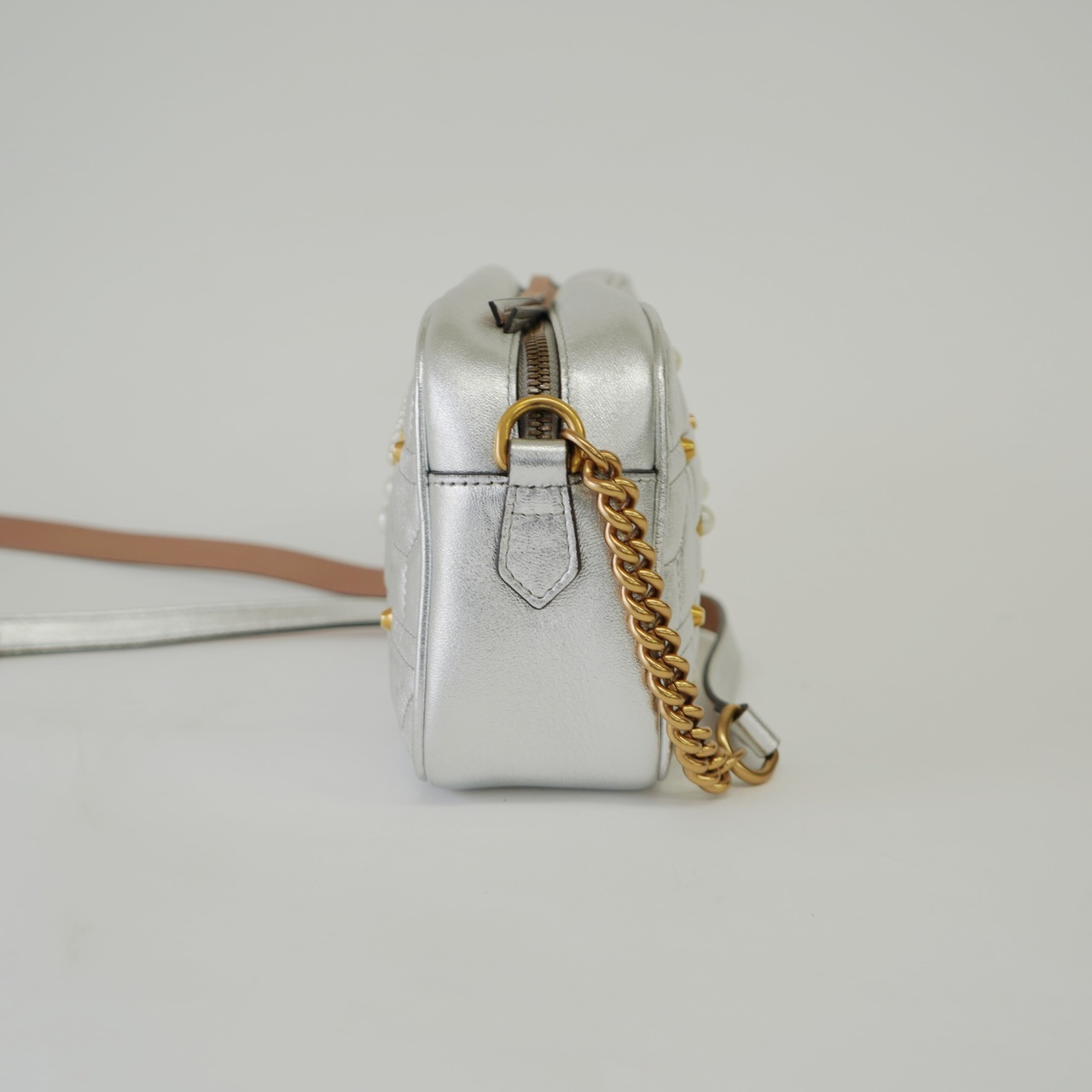 GUCCI グッチ GGマーモント レザー チェーンショルダーバッグ フェイクパール スタッズ シルバー 447632