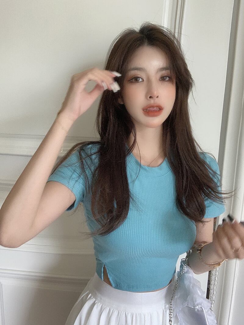 ニットTシャツ サマーウェストショートスリットスリムブルー半袖スリーブトップス ハーフスリーブ 夏物 ブラックストロベリース63059520940