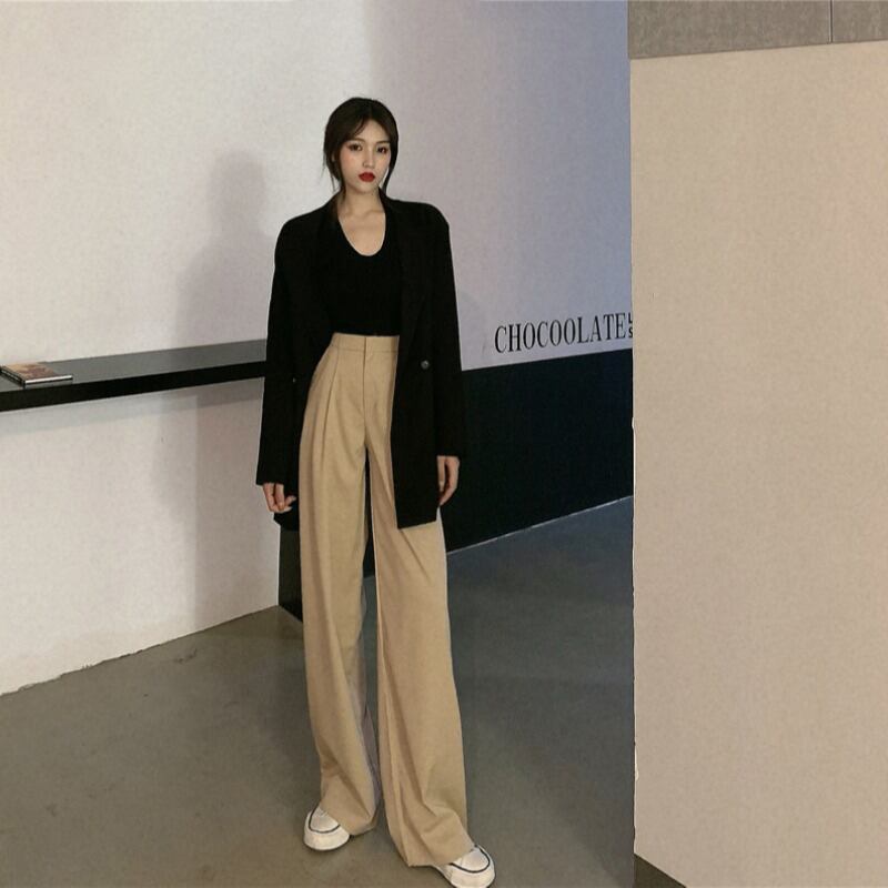 カーキカジュアルスーツパンツレディース秋ルーズワイドレッグハイウエストストレートレッグパンツ ブラックストロベリース42603211398