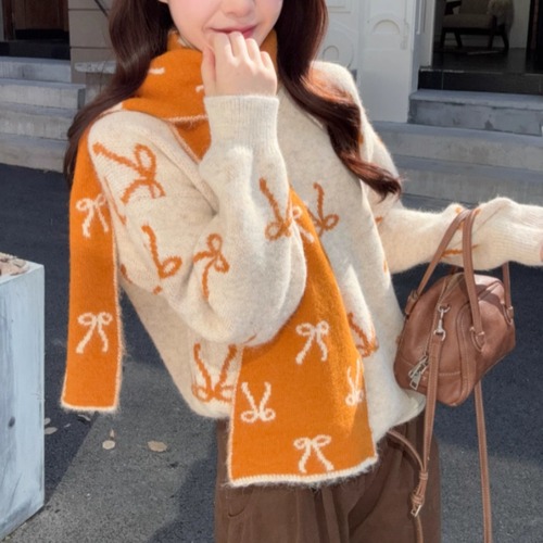 【2点セット】3色／リボン柄バイカラーニット＋リボン柄マフラー ・73691