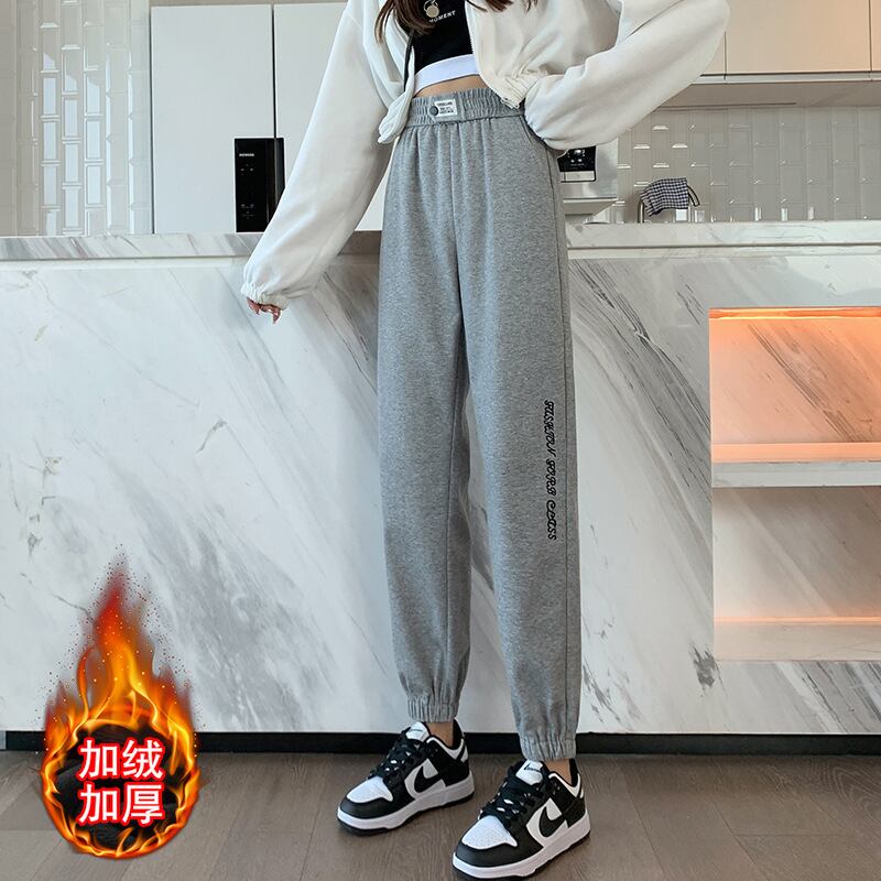 【新作】【送料無料】 グレーのスウェットパンツの女性のズボン春と秋のルーズカジュアルな秋と冬のベルベットのスウェットパンツワイドレッグレギンス 0357015558914