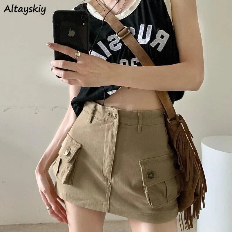 【新作】【送料無料】 ミニスカート女性カーゴシンプルなデニムレジャーアメリカンレトロオールマッチハイウエストファッションセクシーなヴィンテージ A ラインデザイン夏シック 0311000383066