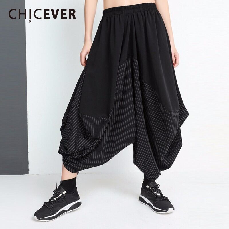 CHICEVER不規則なストライプパッチワーククロスパンツ伸縮性ウエストルーズビッグサイズ足首丈パンツ女性 エラスティック 6base552048369122