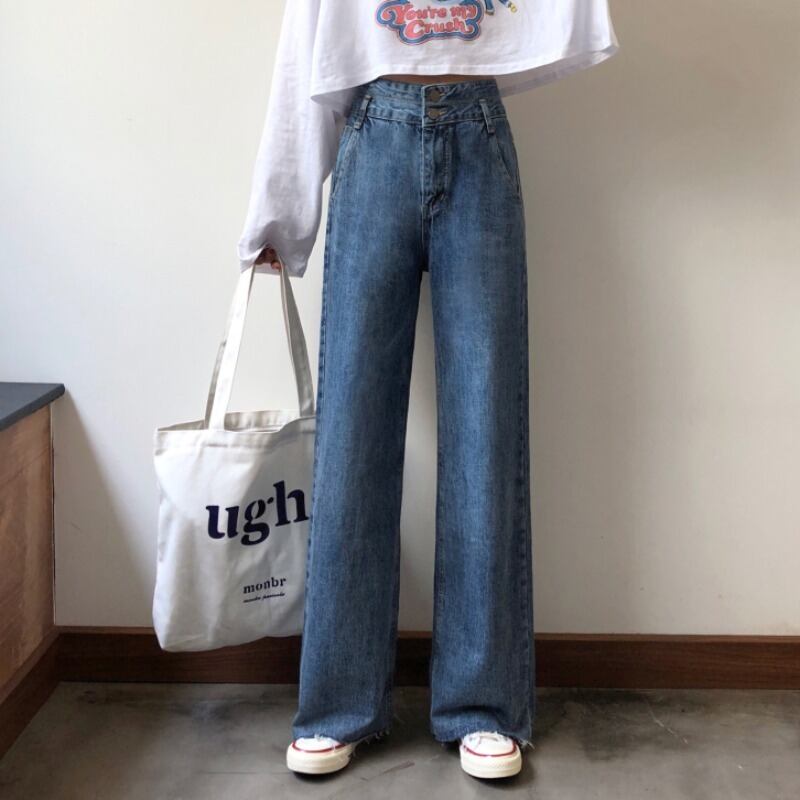 スプリングハイウェストウェストスリムパンツ ダークブルースタンダードジーンズ レディース レトロ 春物 試着室73794192694