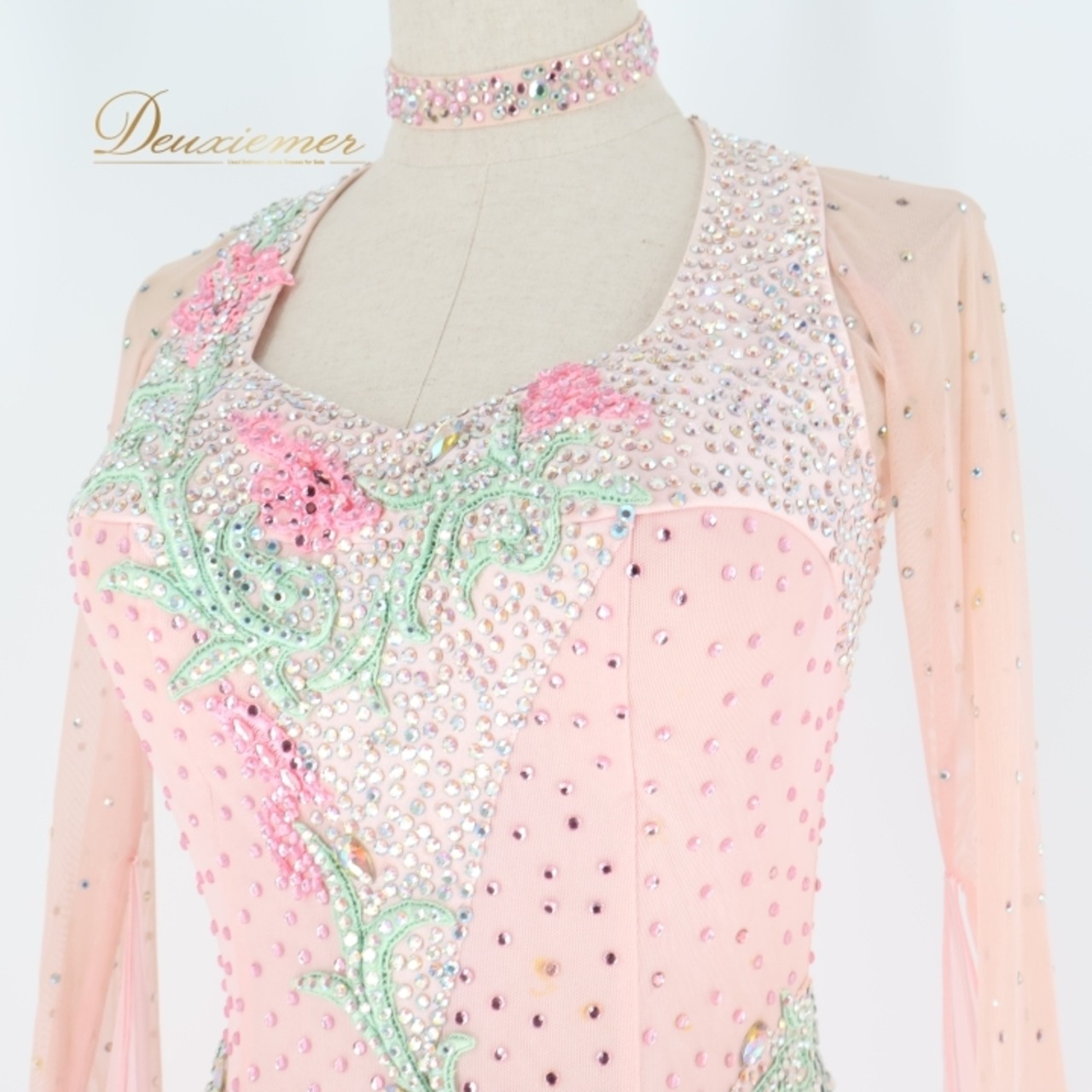 社交ダンス 衣装 白樺ドレス スタンダードドレス ワンピース ドレス スタンダード フロート レース デモ 競技 ダンス パーティ 発表会 明るい 綺麗 グリーン系 女性用 発表会用ドレス おしゃれ フェミニン 競技用衣装 レディース