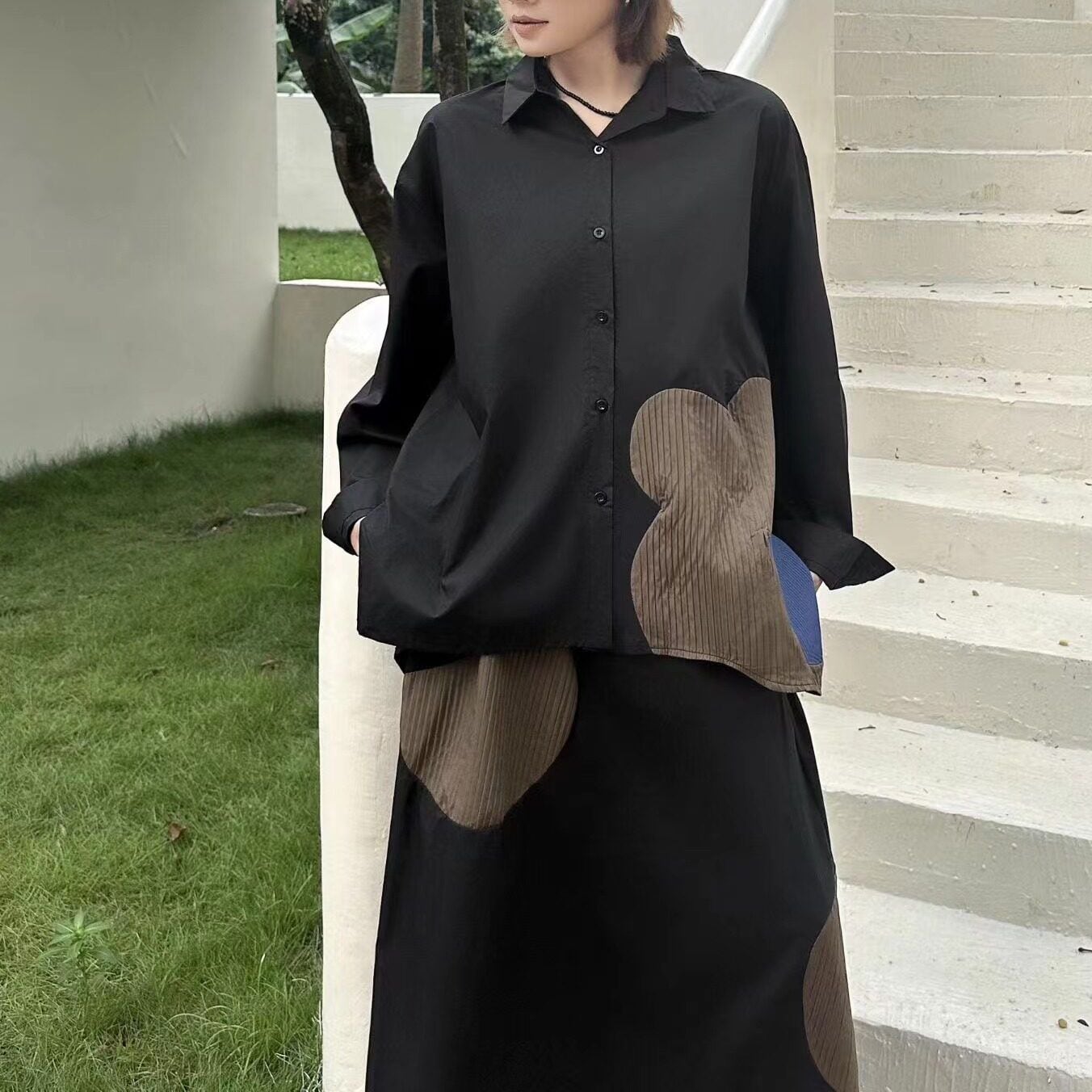 ASYMMETRIC CONTRAST PANEL LONG SLEEVE SHIRT M-18478