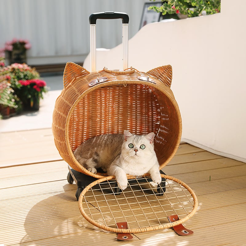 可愛い！ポータブルキャスター付きキャリーバッグ（猫型ラタン