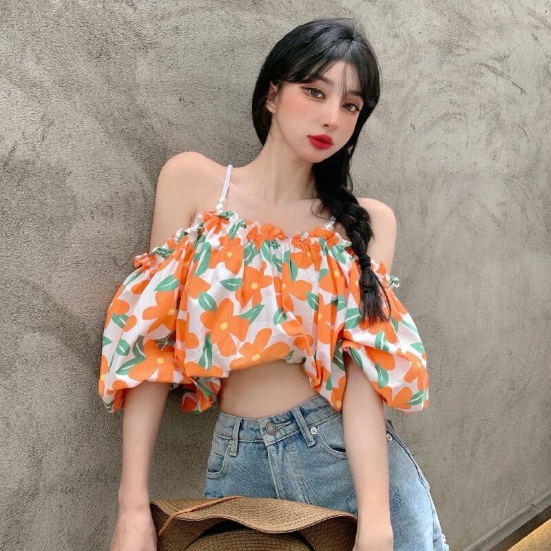 サマースタイルスタンダードフローラルストラップレスシャツ トップス レディース ランタンスリーブ レトロ 夏物 花柄 ハンチェンe18602639701