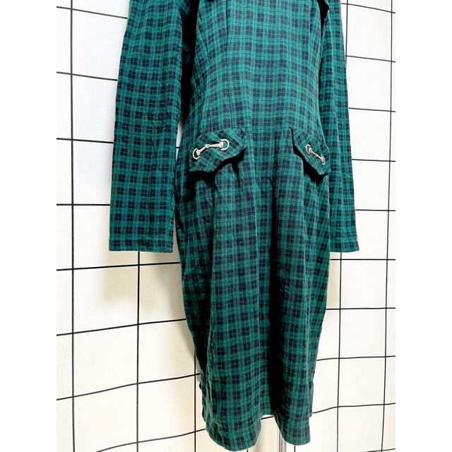 チェック柄 金具パーツ ノーカラー バックリボン レトロ 長袖 USA古着