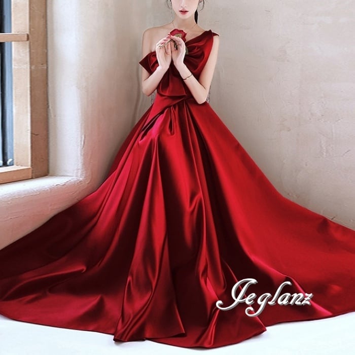 2色 サテン イブニングドレス ワンショル リボン 背中 編み上げ 光沢感(M7668)π