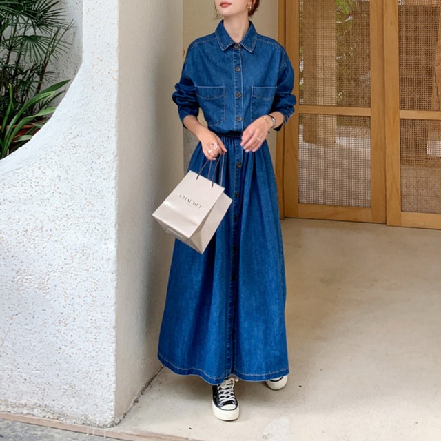 Waist gathered denim shirt dress A210013