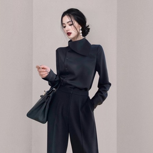 ブラウス シャツ レディース 大きいサイズ レディースブラウス アシンメトリー ハイネック ヘップバーンスタイル 長袖 レディーストップス 大きいサイズ レディース おしゃれ 綺麗 春 夏 韓国