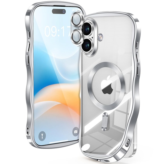 【米軍進化耐久・CDリング・キュートなウェーブエッジ】iPhone 16 ケース 【カメラ全面保護】【MagSafe対応】カメラフィルム 強力マグネット 衝撃吸収 TPU+PC メッキ加工 ソフト 黄ばみ防止 クリアケース iPhone 16 6.3インチ 男女兼用 (シルバー)