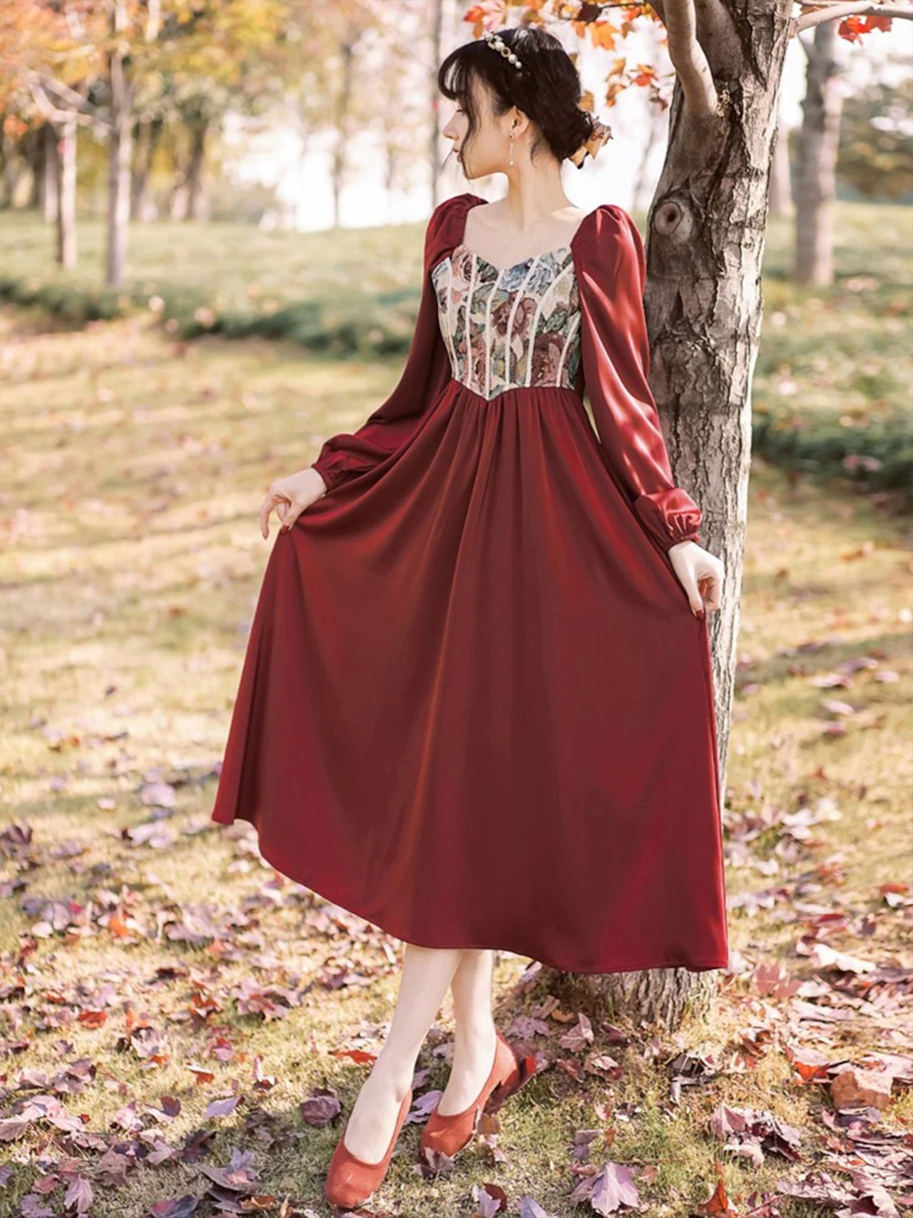 【0101】Red Flower Vintage Long Sleeve Dress