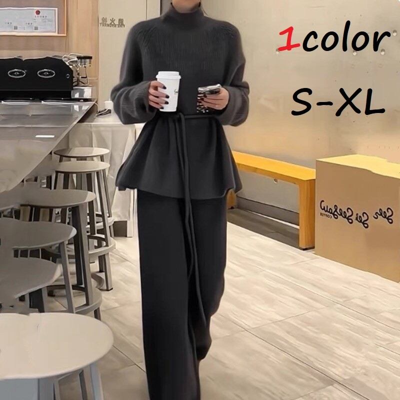 セットアップ レディース トップス ボトムス パンツ ワイド ニット セーター ハイネック 長袖 プルオーバー カジュアル スタイル シンプル 無地 きれいめ 上品 エレガント グレー ウエストマーク 日常使い 普段着 普段使い 仕事 仕事用 仕事着 大人 コーデ コーディネート 韓国 ファッション オルチャン お取り寄せ 送料無料 hll-1304