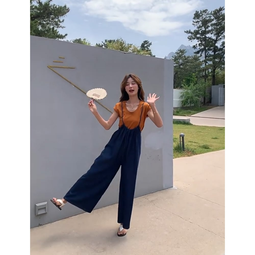 オレンジ半袖Tシャツキャミワンピセットアップ/サスペンダースカート  