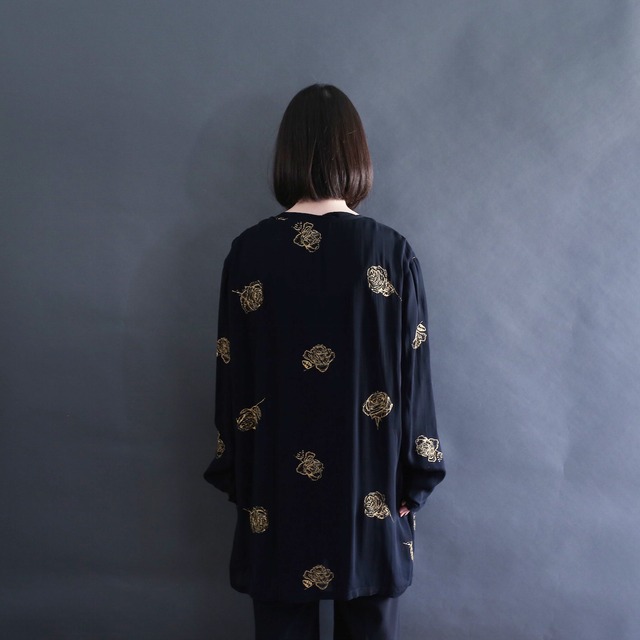rose art pattern loop button l/s black mode no-collar shirt