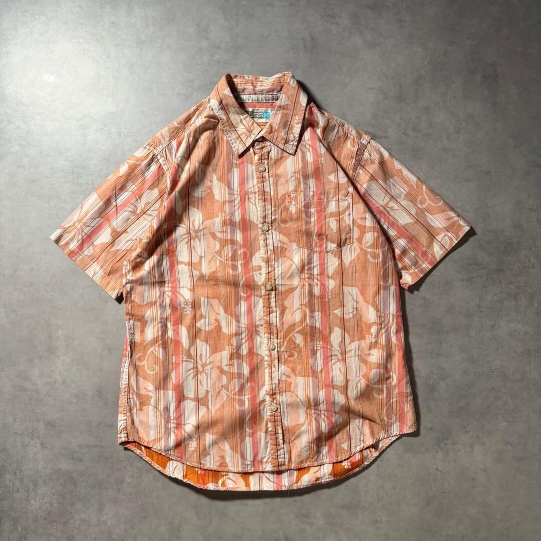 ヴィンテージ ハイビスカス 柄シャツ オレンジ 半袖 レトロ サーフ 古着
