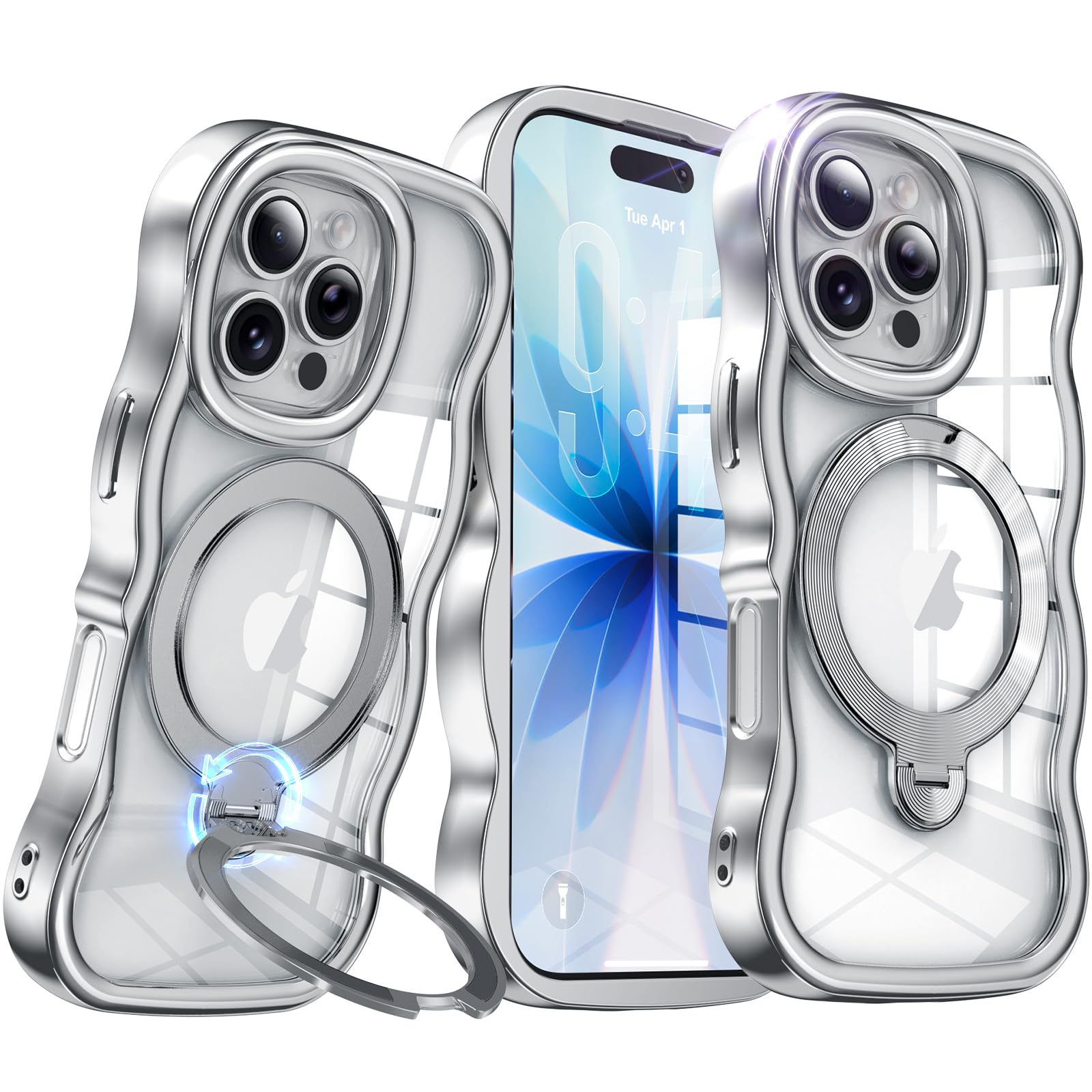 【大波型メッキフレーム・360°回転無制限】 iPhone 16 Pro 用 ケース アイフォン16プロ 対応【縦横スタンド・Magsafe一体】 角度調整可能 ストラップホール付き 耐衝撃 黄ばみゼロ マグネット吸着 ワイヤレス充電対応 グリップ感向上 リング 薄型 軽量 透明 いPhone16プロ 用 ケース 6.3インチ