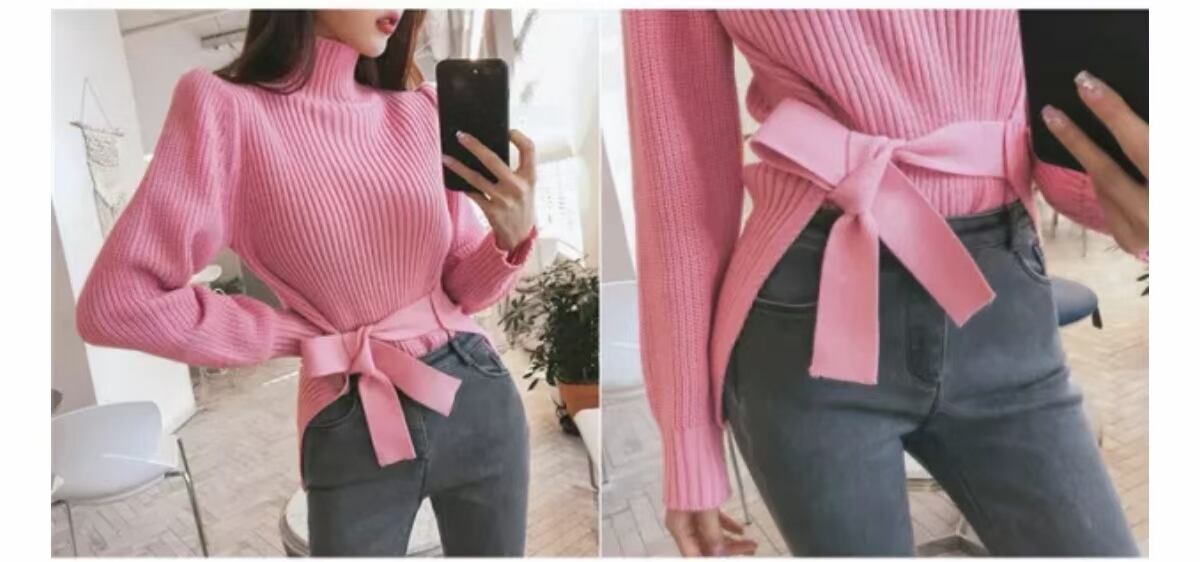 ウエストリボン付き　パワーショルダーニット　AJ1079-8068