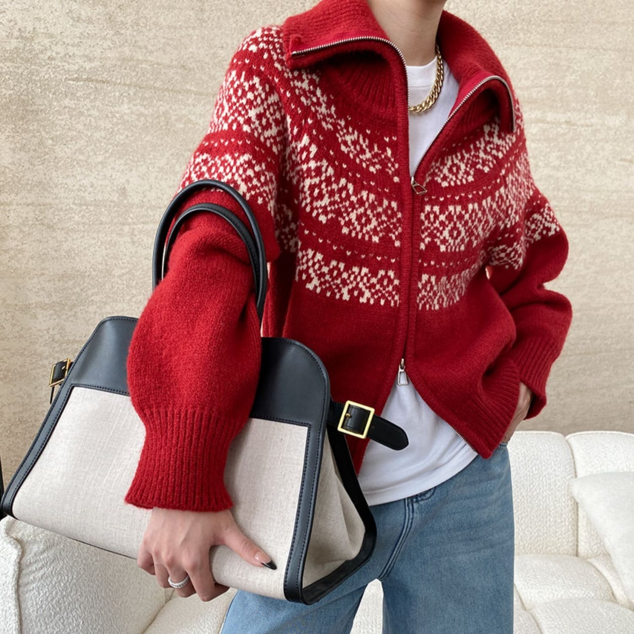 フェアアイルダブルジップアップニットカーディガン A01982