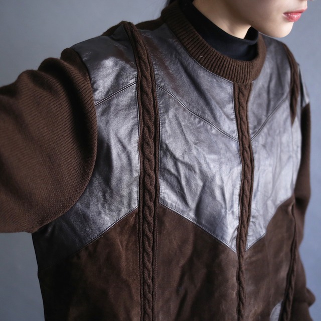 real leather switching and 3D cable knit design loose silhouette sweater