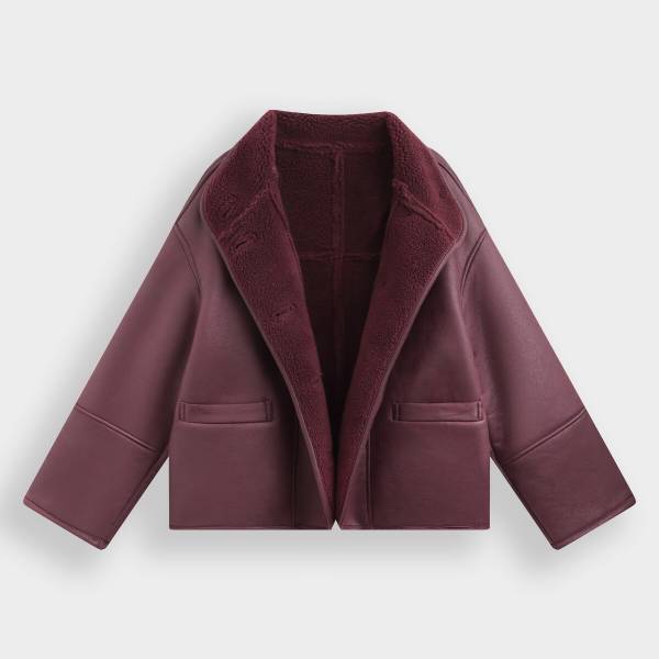 ワインレッド エコムートン×ボア オーバーサイズジャケット ハイネック