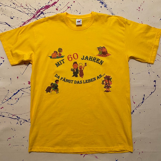 made in MOROCCO  FRUIT OF THE LOOM MIT 60JAHREN cotton T-shirt{モロッコ製　フルーツ　オブ　ダ　ルーム　MIT 60JAHREN  コットンTシャツ　古着　メンズ}ユニセックス