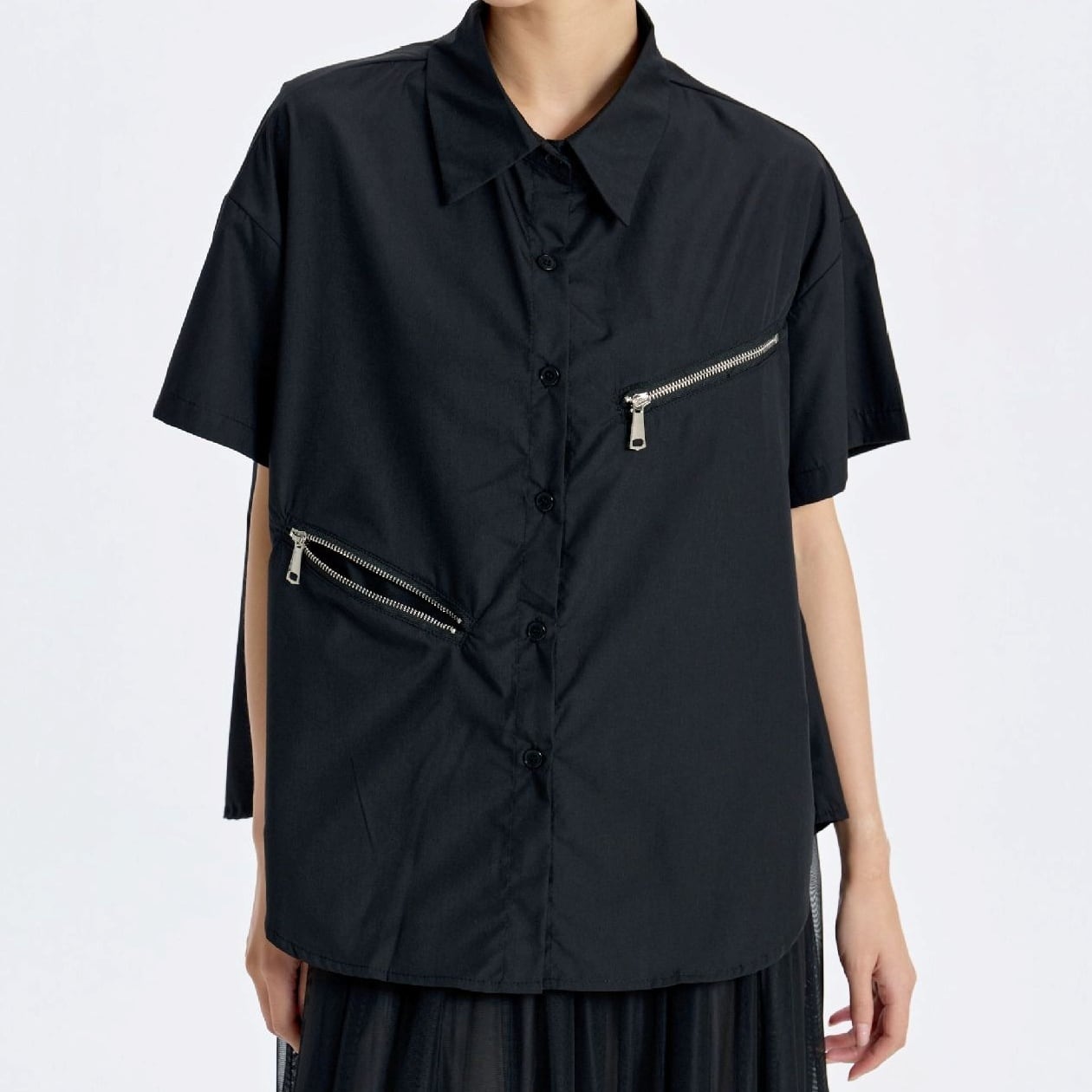 ジップポケット フロントボタン 半袖シャツ 2color BL0608