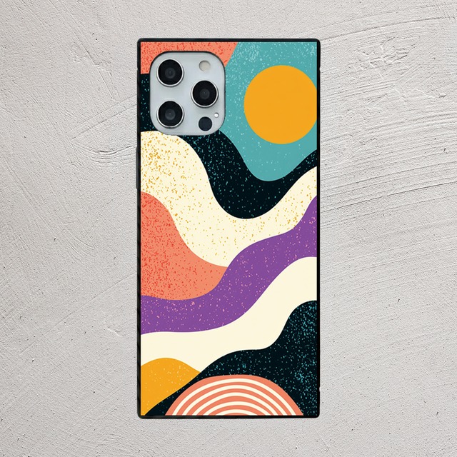 受注生産 iPhoneケース 黄色い太陽のカラフルウェーブ｜70sレトロ CURV037A