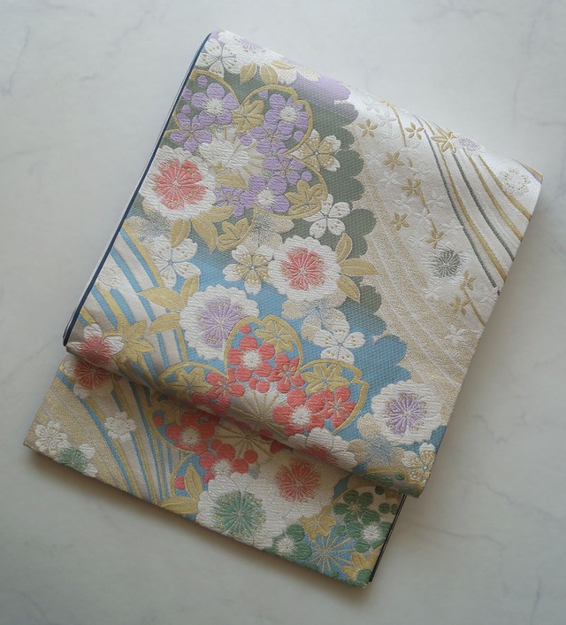 【振袖用・ふくろ帯】　シルバー地　桜文様　ふくろ帯