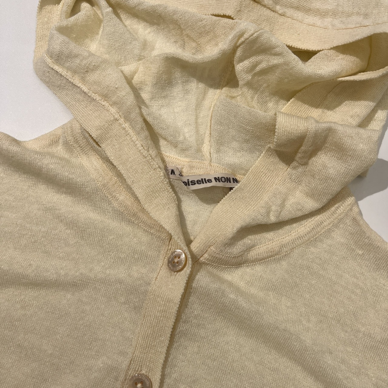 Mademoiselle NON NON マドモアゼルノンノン リネン フード付き ロング ニットカーディガン M/アイボリー /薄手