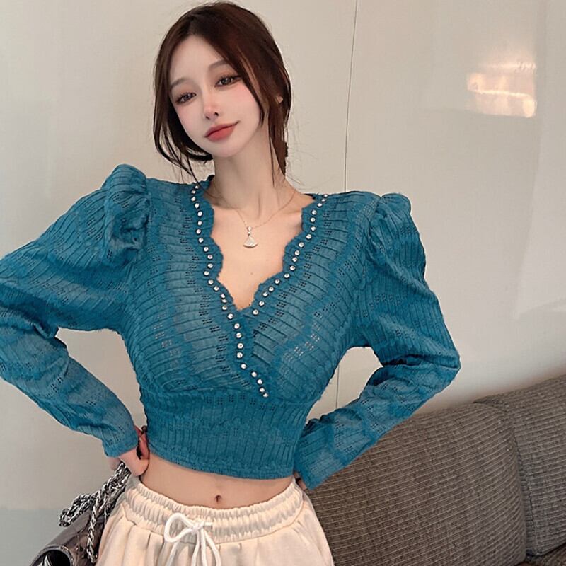 Vネックレースシャツ レディースオータムウィンタースタイルショートソリッド カラースリーブトップス 秋物 冬物 ソリッドカラー ガールズファッション73575151433