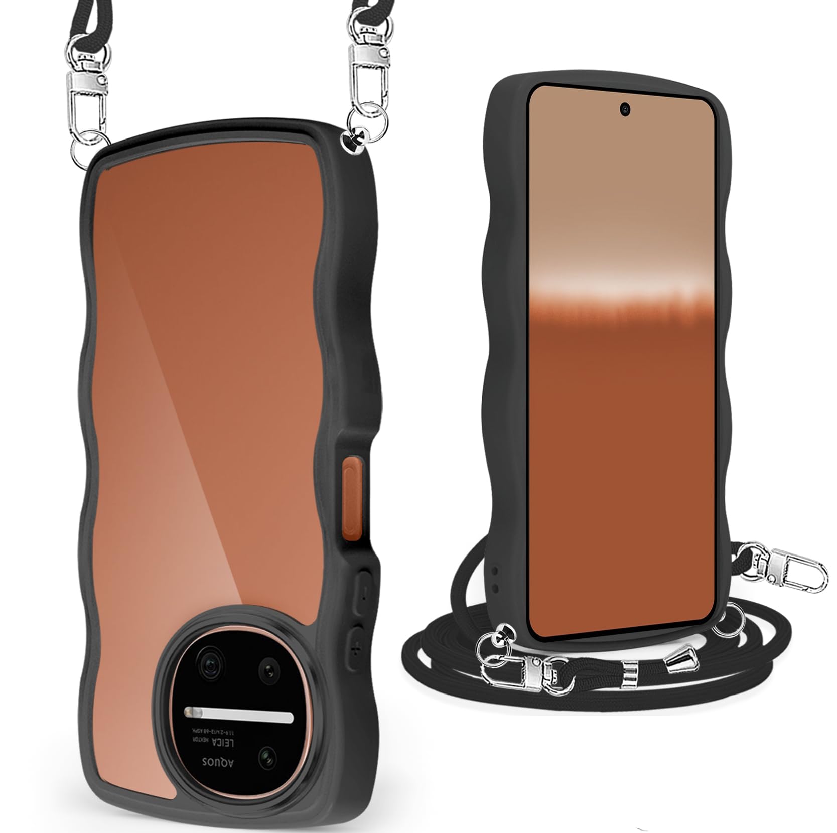 AQUOS R11 ケース クリア ショルダー ストラップ付き SH-51G スマホケース かわいい 波状フレーム 耐衝撃 人気 透明 アクオス R11 カバー 首かけ 肩掛け 薄型 軽量 TPU+PC ストラップホール付き(ブラック)