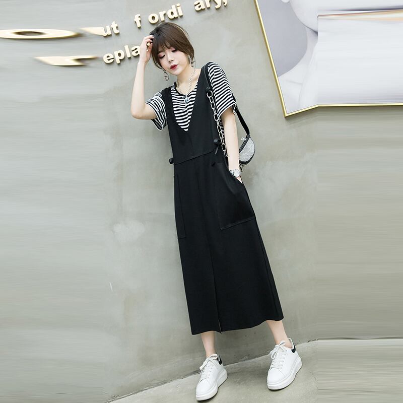 スプリングドレス ストライプTシャツ スカート 大きめサイズ 春物 ミックスインファッション25714106081