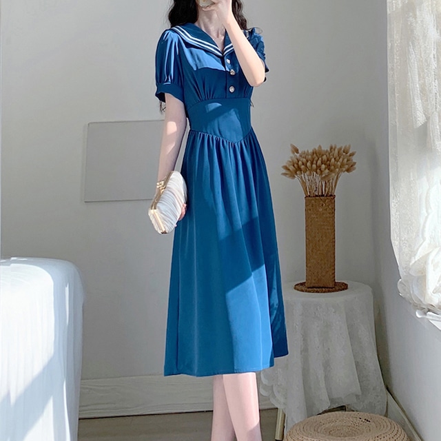 【NIHUOシリーズ】★ワンピース★ スカート 半袖 ブルー 細見え 夏 デート セーラー服 ロングスカート XS S M L