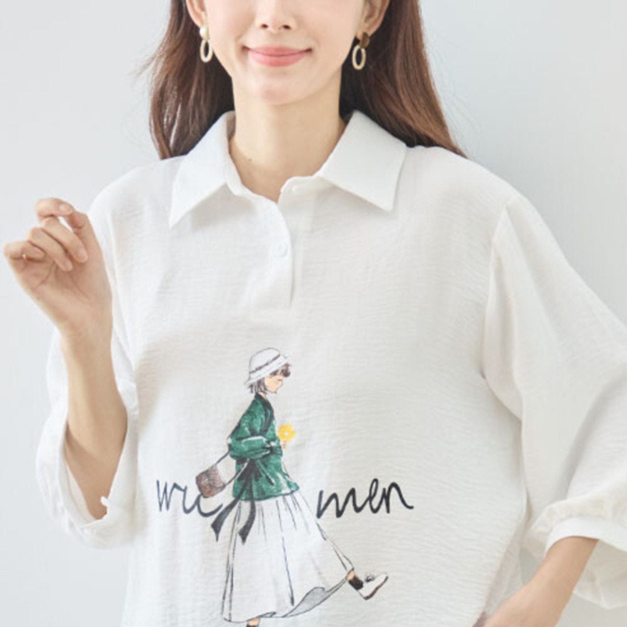 TRUBE ファッションガールイラストスキッパーカラートップス【L~LL】ホワイト
