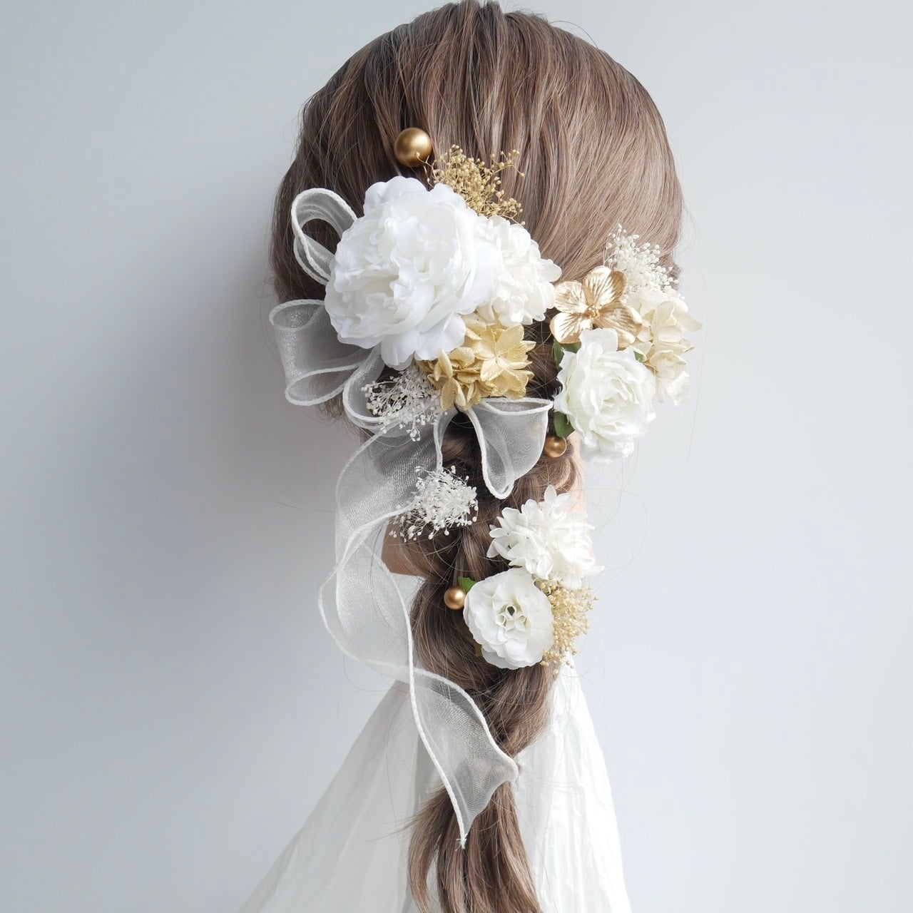 A216 白ゴールド ローズ ドライフラワー髪飾り リボン 卒業式 袴 成人式 振袖 結婚式