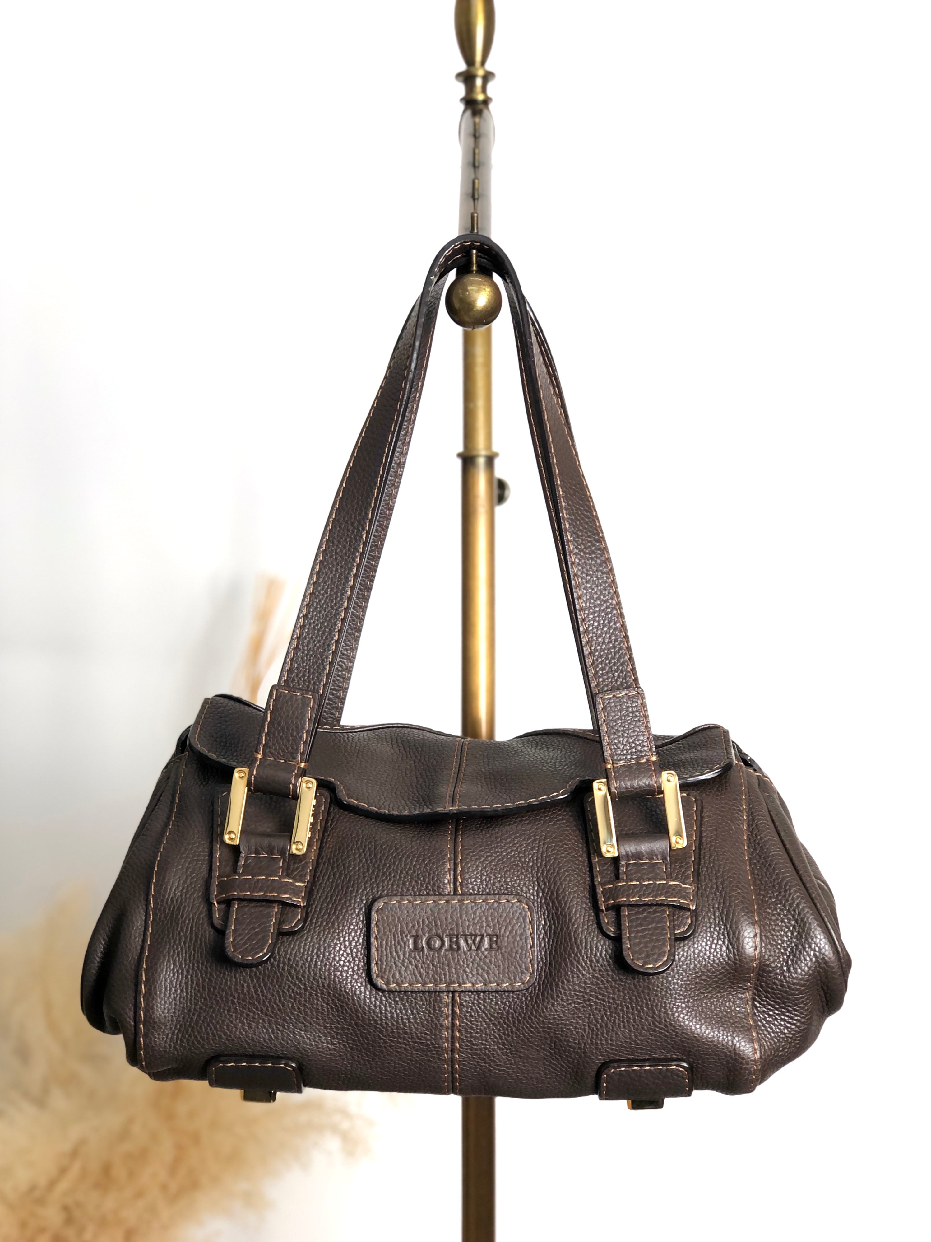 LOEWE ロエベ ハンドバッグ ブラウン 型押しロゴ レザー フラップ vintage ヴィンテージ オールド s7e7fm