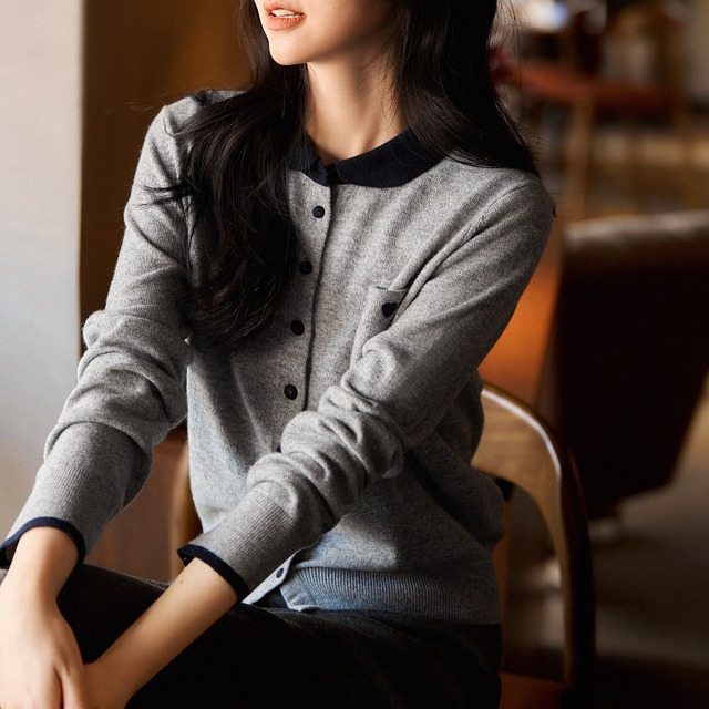 配色襟 ボタンフロント ニットカーディガン　2col　H11162