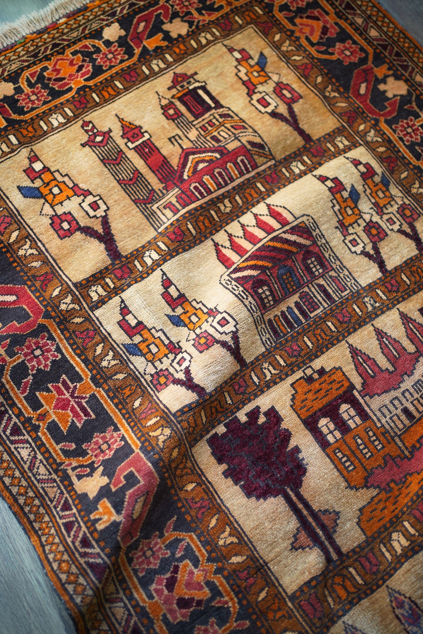 856】Vintage Afghan Baluch pictorial rug 1980's | ヴィンテージラグ