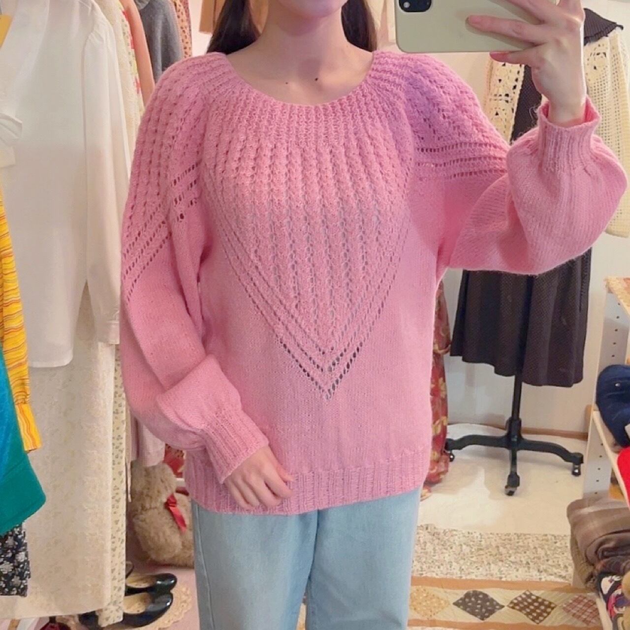 pink openwork knit sweater