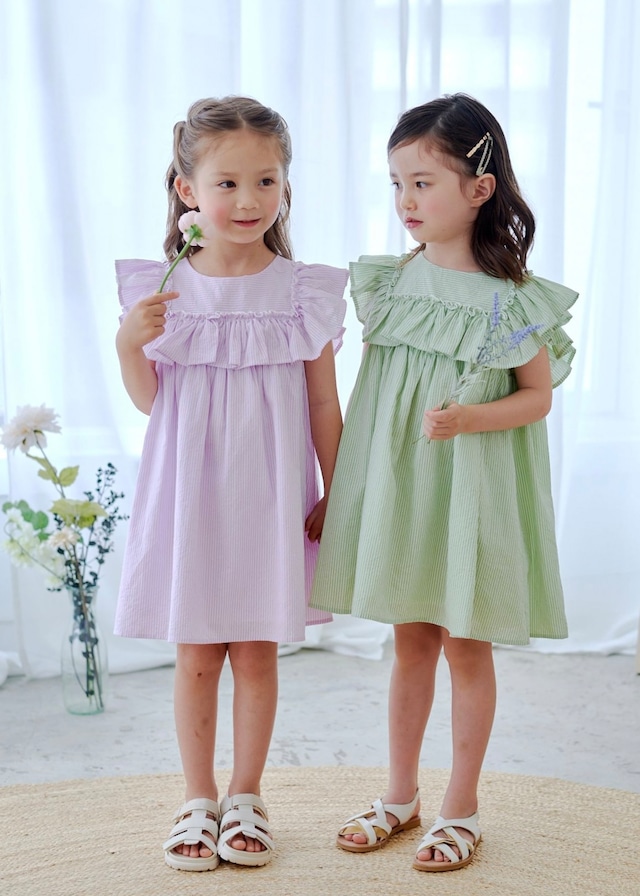 スクエアビッグフリルワンピース〈Purple stripe〉